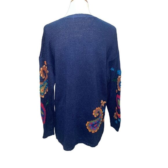 Christina Navy Blue with Bright Colored Paisley Pattern Crewneck Long Sleeve Han - Picture 10 of 15